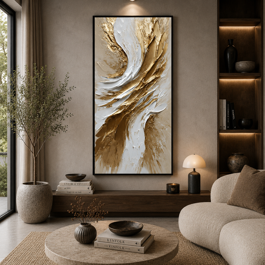 Golden Whisper Abstract Wall Art – Luxury White & Gold Vertical Canvas