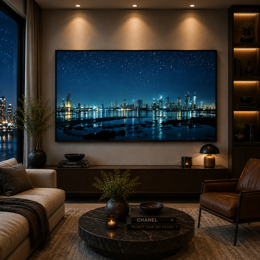 Luxury Night City Skyline Canvas Wall Art with Golden Frame