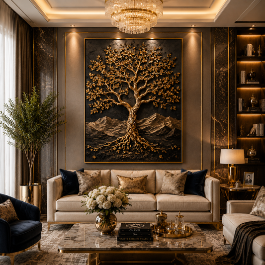 Golden Lucky Wish Tree Canvas Painting for Home Wall Decor