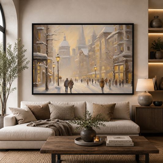 Winter European City Street Canvas Wall Art