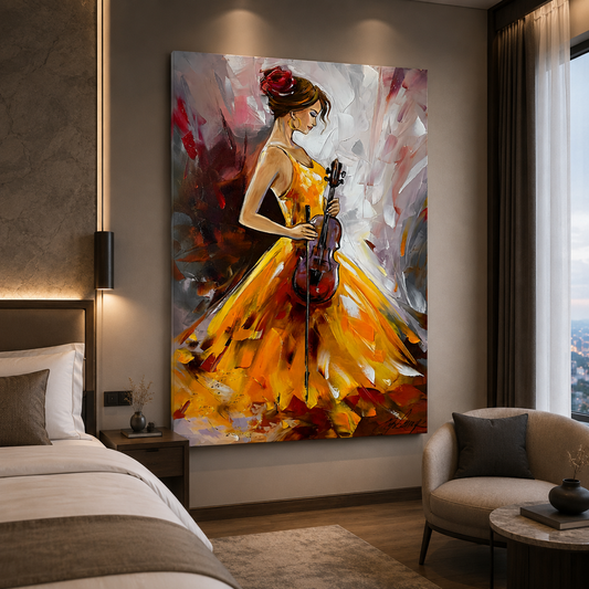 Elegant Violin Lady Canvas Art – Abstract Musical Wall Painting