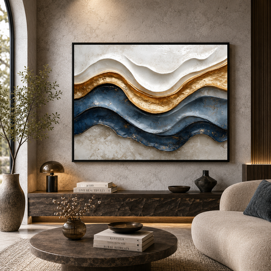 Blue and Gold Abstract Modern Canvas Painting with Sculptural Waves