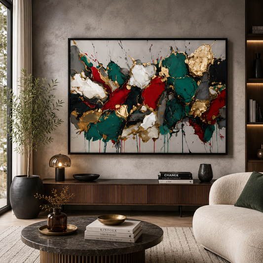 Royal Fusion Abstract Wall Art – Luxury Red, Teal & Gold Canvas Painting