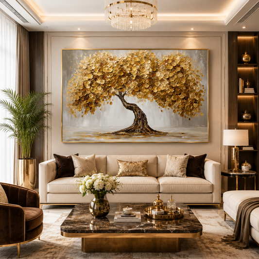 Golden Lucky Wish Tree Canvas Painting for Home Wall Decor
