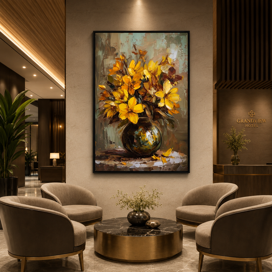 Golden Yellow Floral Vase Canvas Wall Art for Elegant Home Décor