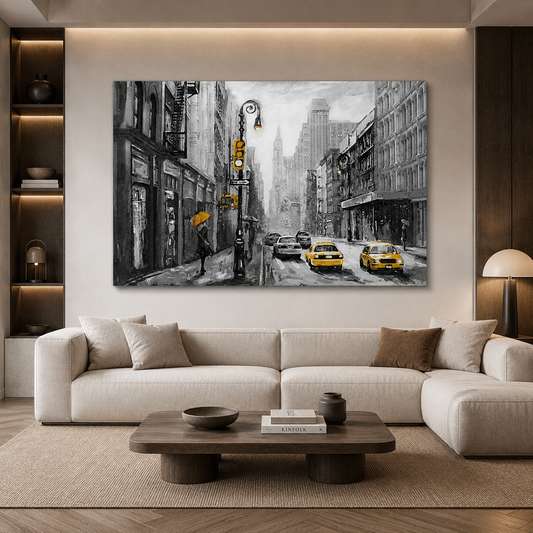 Black White Cityscape Canvas Art with Yellow Taxi Wall Decor