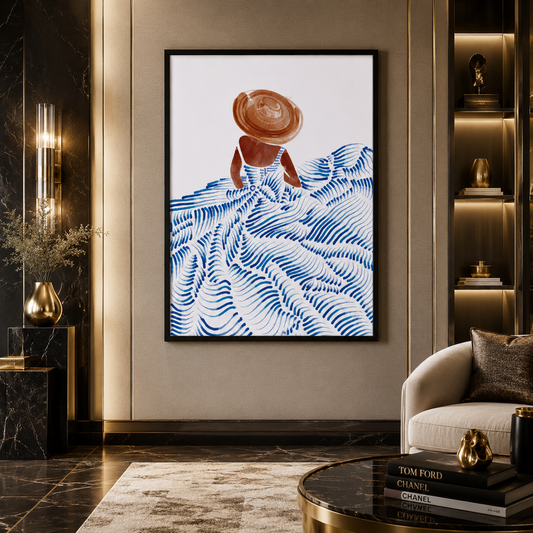 Minimalist Blue Wave Figure Canvas Wall Art Painting
