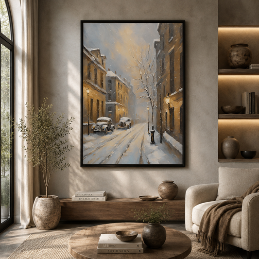 Snowy Vintage Street Canvas Wall Art
