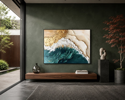 Ocean Crest Abstract Wall Art – Luxury Teal & Gold Modern Canvas Painting