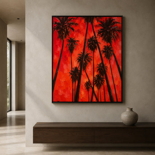 A framed wall art print featuring bold black palm tree silhouettes against a vivid red and orange sky, displayed on a beige wall above a dark wood console with a ceramic vase.