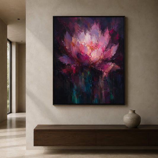 A framed abstract floral painting in shades of pink, purple, and blue hangs on a beige wall above a dark wood console table with a small vase.