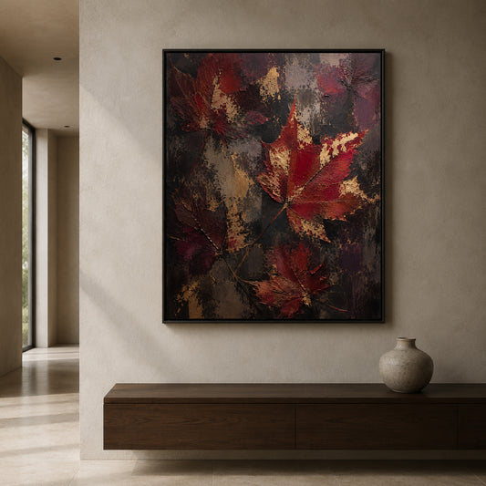 A framed abstract canvas print featuring textured red, burgundy, and gold maple leaves on a dark background, displayed on a beige wall above a dark wood console table with a small vase.