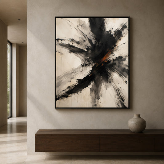 Fractured Motion Black and Ivory Expressive Abstract Canvas Art