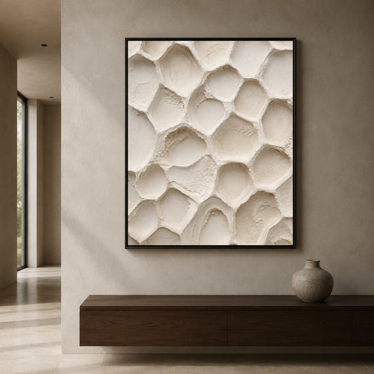 A framed abstract wall art print featuring a textured, organic honeycomb-like pattern in warm off-white and cream tones, displayed on a beige wall above a dark wood console table with a small vase.
