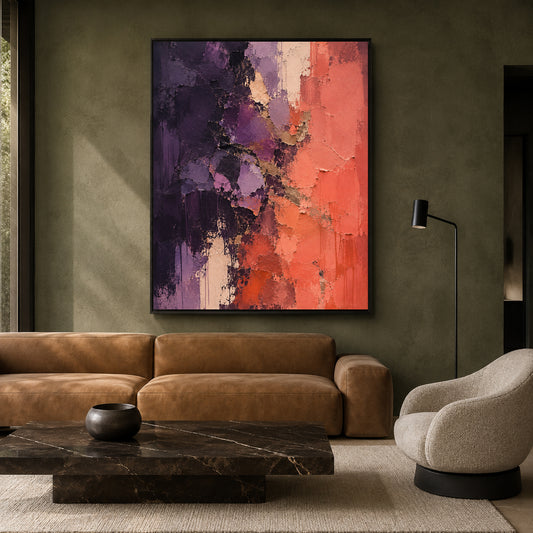 Purple and Coral Textured Abstract Canvas Wall Art for Modern Interiors