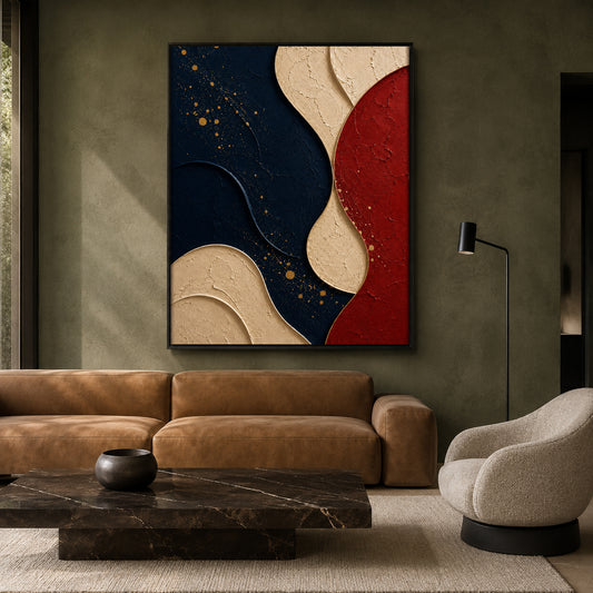 Navy Blue Red Abstract Textured Geometric Canvas Wall Art