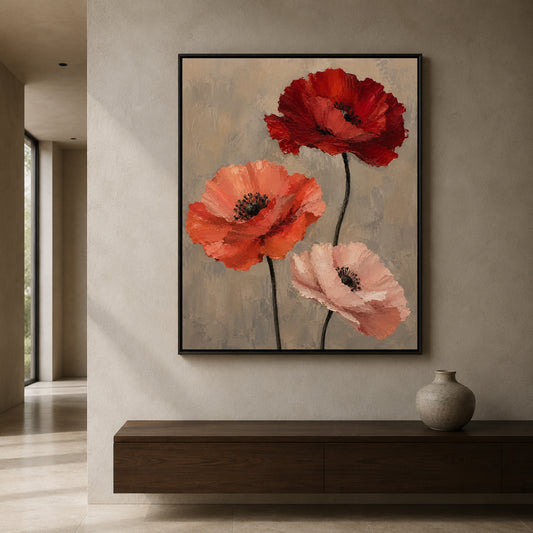 A framed wall art print featuring three large poppy flowers in red, coral, and pale pink on a textured beige background, displayed above a dark wood console in a modern interior setting.