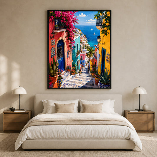 Colorful Mediterranean Coastal Village Canvas Art with Sea View