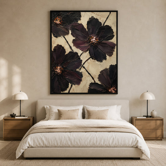 Dark Floral Canvas Painting with Black and Burgundy Flowers