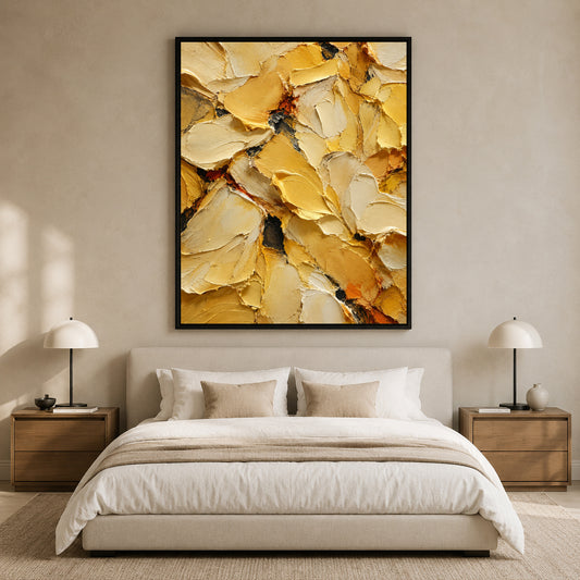 A large framed abstract canvas print featuring textured yellow, gold, and cream paint strokes, hung on a beige wall above a neatly made bed in a modern, symmetrically styled bedroom.