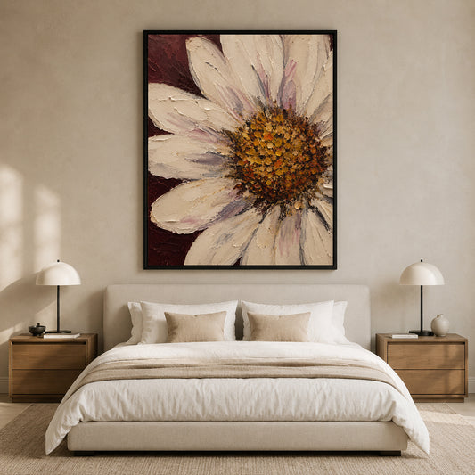 Cream Daisy Floral Canvas Painting with Burgundy Background