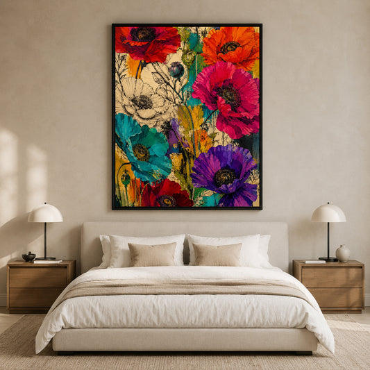 Colorful Poppy Flower Canvas Art with Bold Botanical Details