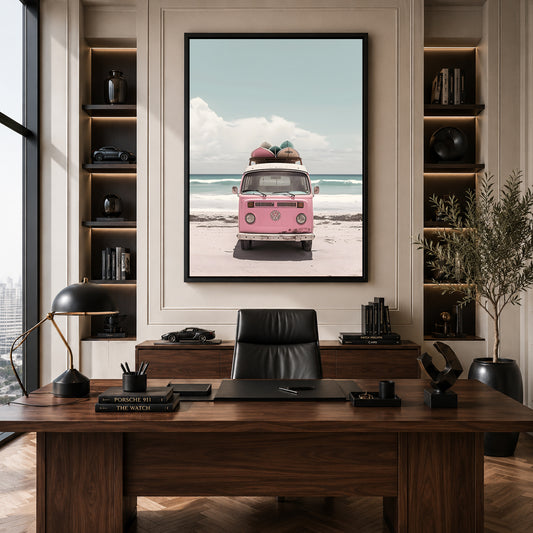 Pink Volkswagen Camper Van Canvas Painting