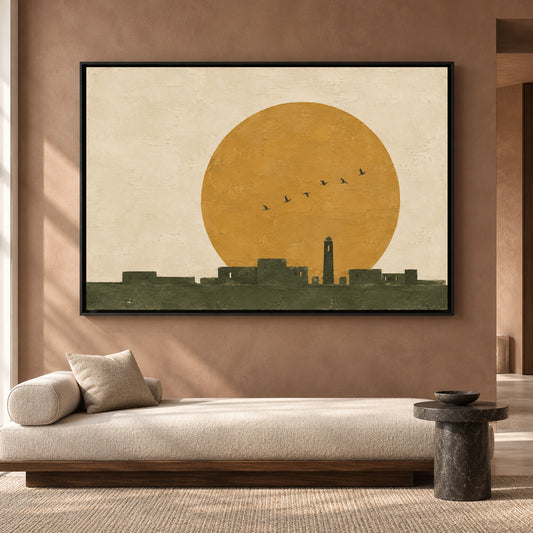 Golden Sun Minimalist Landscape Canvas Art with Olive Green Skyline
