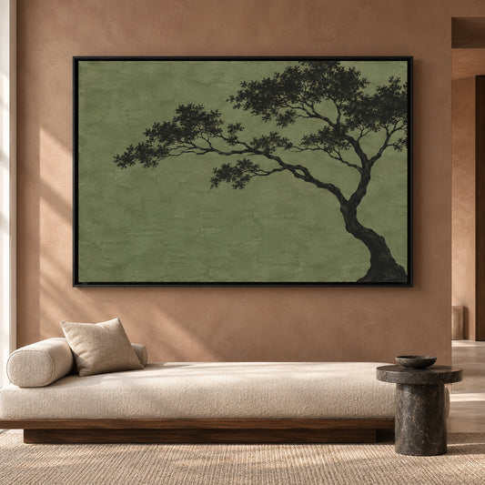 Minimalist Olive Green Tree Canvas Art for Calm Modern Interiors