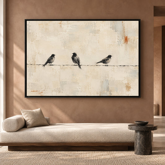 Minimalist Bird Canvas Art with Three Birds on a Wire