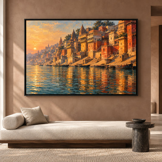 Varanasi Ghats Sunset Canvas Art Ganga River Painting