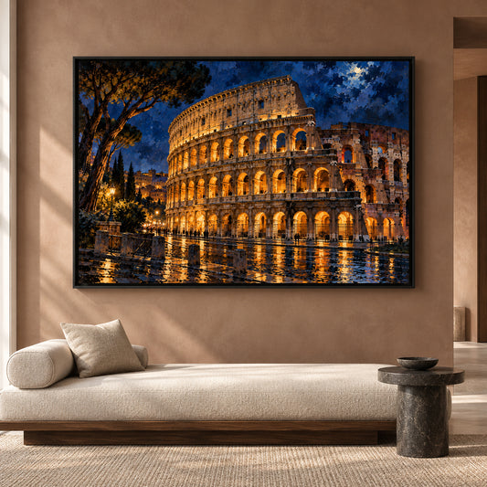 Colosseum Rome at Night Canvas Wall Art Italian Cityscape Painting