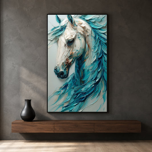 Blue White Horse Canvas Wall Art | Modern Abstract Horse Painting