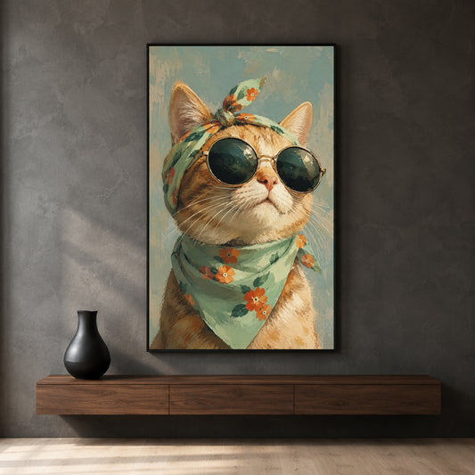 Boho Cat Canvas Wall Art | Stylish Cat with Sunglasses Painting