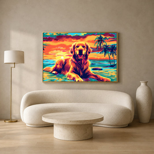 Golden Retriever Sunset Beach Canvas Wall Art | Colorful Pop Art Dog Wall Decor