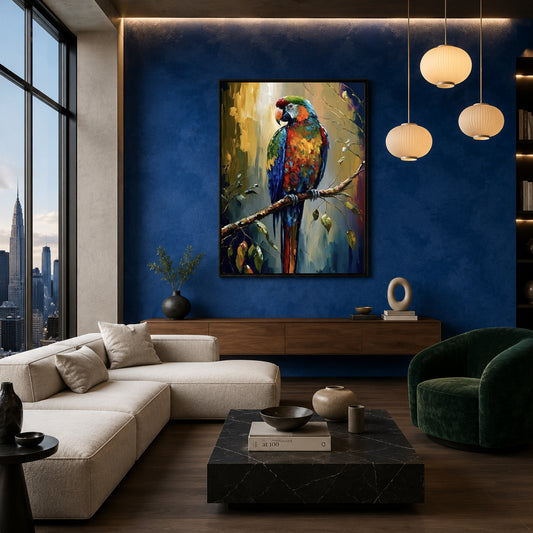 A framed colorful parrot painting hangs on a deep blue accent wall in a modern living room with a cream sectional sofa, black marble coffee table, green velvet armchair, and pendant lights.