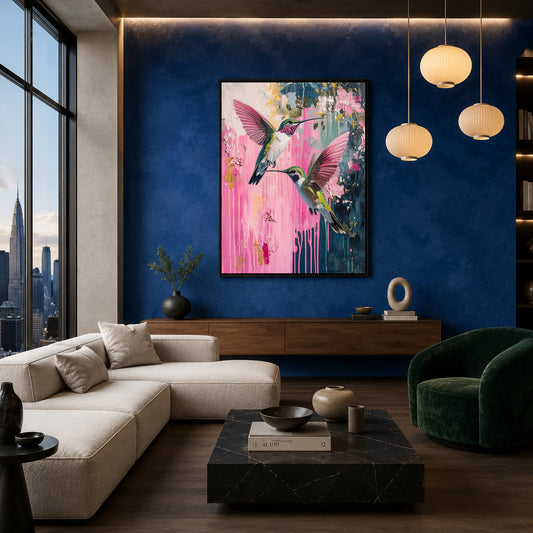 Pink Hummingbird Canvas Wall Art for Living Room | Floral Bird Canvas Wall Decor