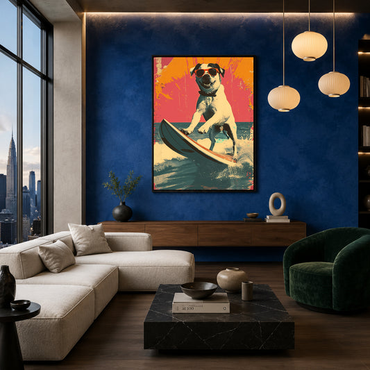 Surfing Dog Canvas Wall Art for Living Room | Cool Beach Dog Canvas Wall Decor