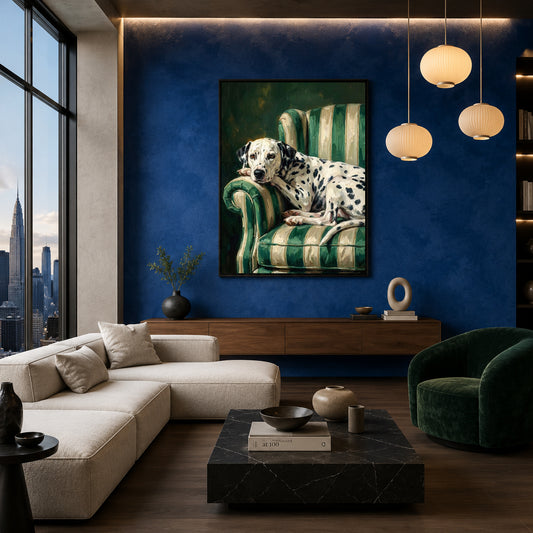A framed art print depicting a Dalmatian resting on a green striped armchair, displayed on a deep blue wall in a modern living room setting with a beige sectional sofa, dark wood console, and hanging pendant lights.