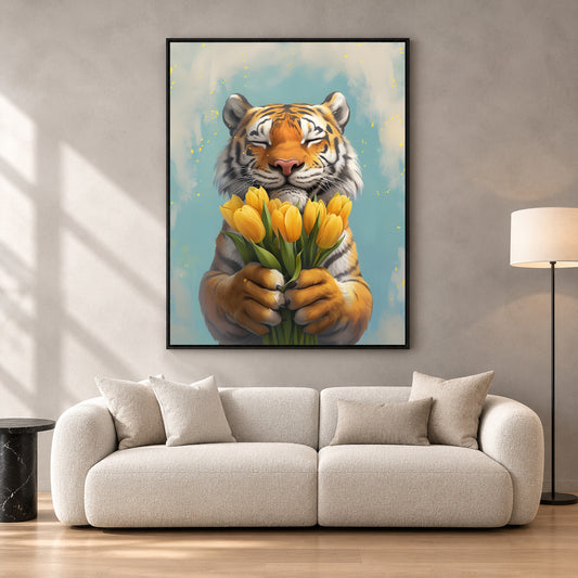A framed wall art print showing a tiger holding yellow tulips, displayed above a light beige sofa in a modern living room setting.