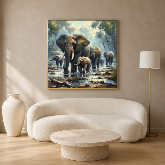 A framed painting of elephants walking through water hangs on a beige wall above a curved cream sofa in a modern living room setting.