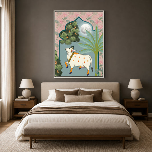Pichwai Wall Art Painting – Moonlight Sacred Cow Floral Heritage Canvas Wall Art