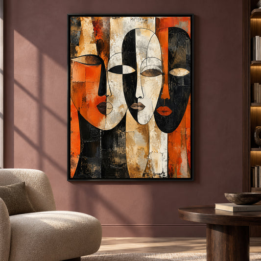 Abstract Faces Canvas Art in Orange Black and Neutral Tones