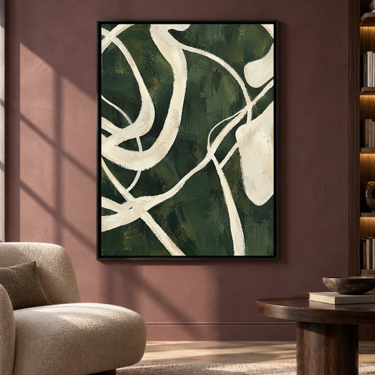 Deep Green Abstract Canvas Art with Flowing Ivory Lines