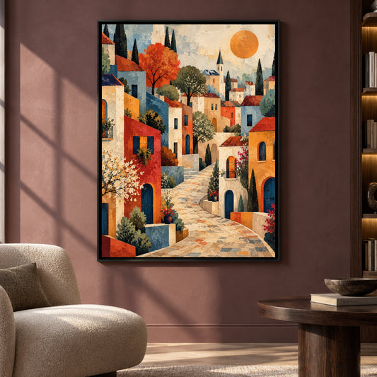 Colourful Fantasy Cityscape Canvas Art with Towering Trees