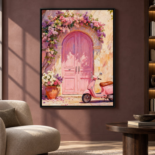 Pink Door Mediterranean Canvas Art with Flowers and Vintage Scooter
