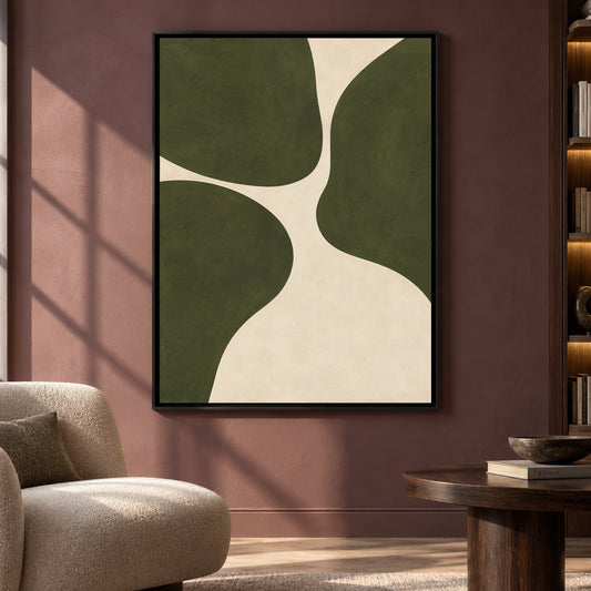 Olive Green Minimalist Abstract Canvas Art with Organic Forms