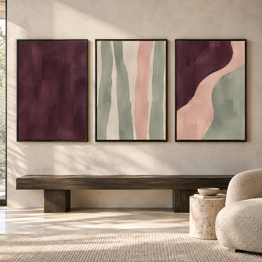 Burgundy Blush Abstract Canvas Wall Art Set of 3