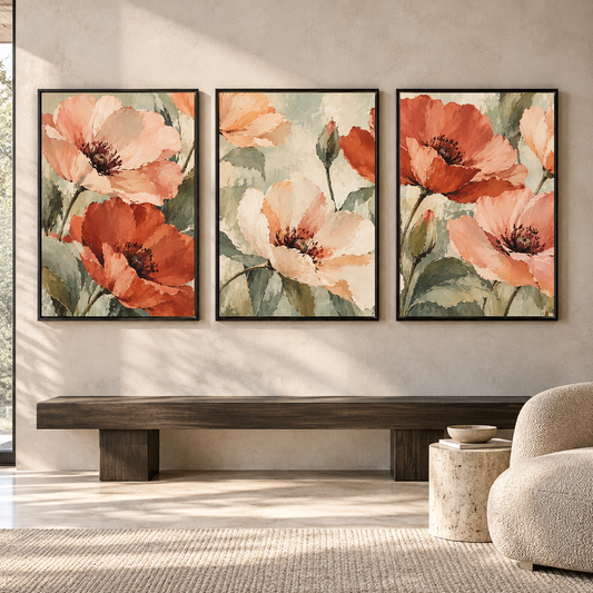 Terracotta Poppy Floral Canvas Wall Art Set of 3