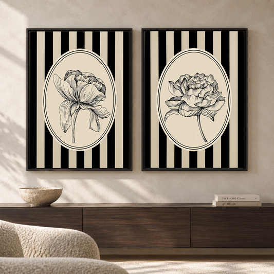 Vintage Botanical Wall Art Pair with Striped Floral Illustrations